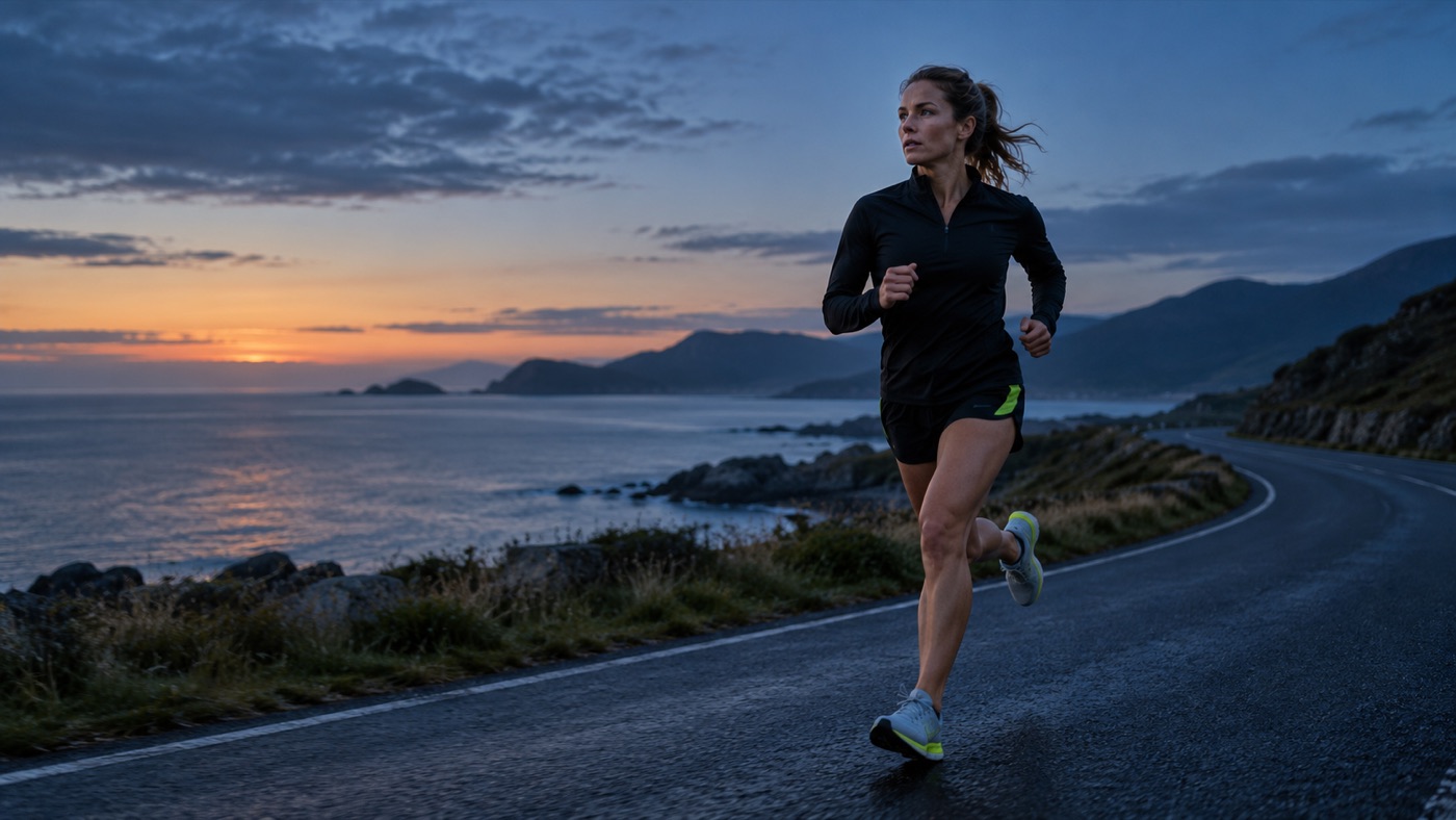 Illustrative athlete running on a coastal road at dawn